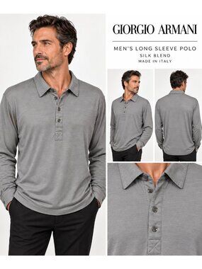 Giorgio Armani Mens US 40 Silk Blend Long Sleeve Polo Gray NWT Italy $1050